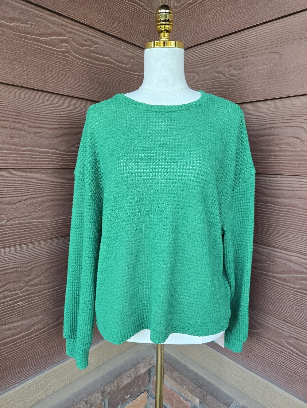NWT Emery Rose Women’s Large Green Waffle‑Knit Crewneck Pullover